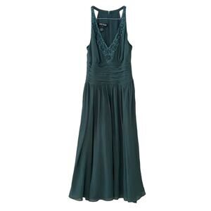 Anne Klein forest green beaded midi dress sz 2 silk ruched gatsby style